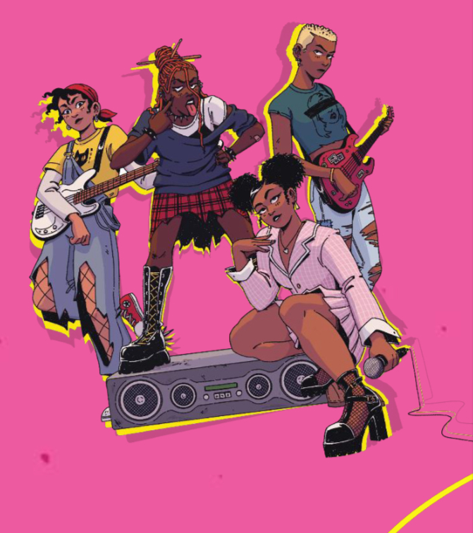 Drawing of all four members of the Black Dolls surrounding and standing on top of a small speaker. In order: Silvee, Jada, Dana, and Sassy.